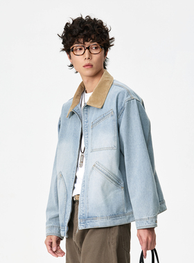 吾一白春秋季2026新款男生美式潮流宽松水洗牛仔外套男士翻领夹克