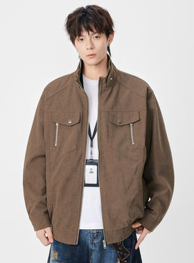 吾一白春秋季2026新款男士美式复古立领夹克男生春季宽松工装外套