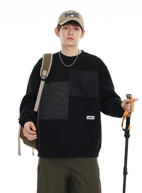 吾一白春秋2026新款男生美式宽松黑上衣男士重磅潮流圆领情侣卫衣