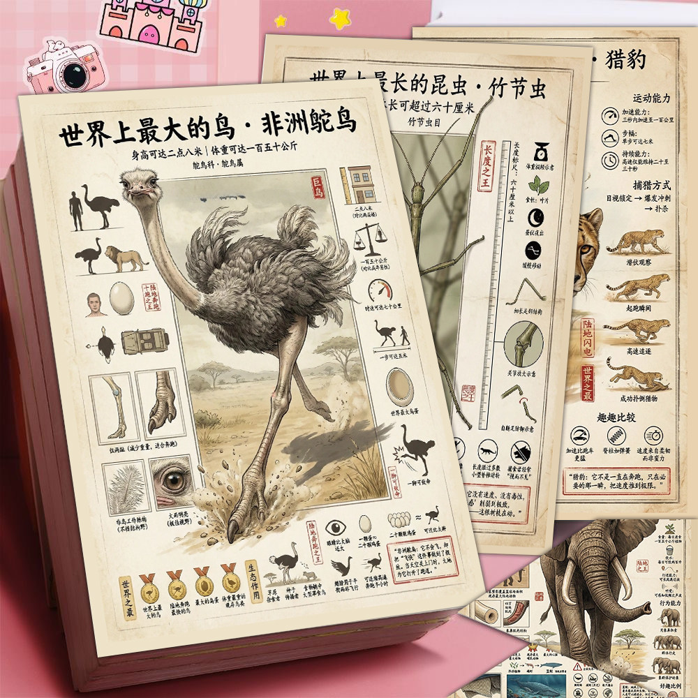 6张世界动物贴纸动物科普复古插画大自然鸟类动物装饰防水小贴画