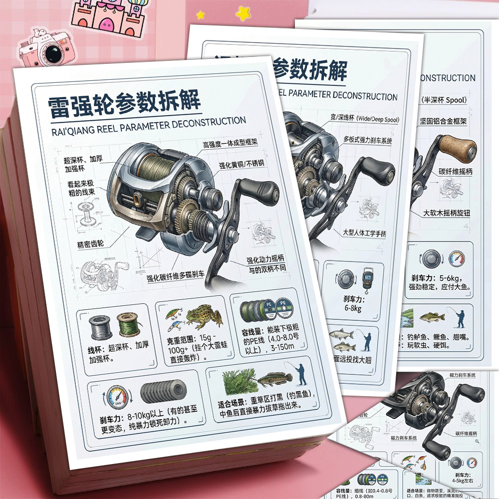 6张水滴轮参数详解图鉴贴纸雷强轮打黑专用鱼类钓具装饰防水贴画