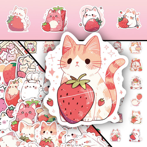 126张原创红色草莓猫贴纸卡通可爱咕卡装饰笔记本手账素材贴画DIY