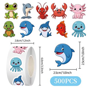 2500贴海洋生物贴纸红鲤鱼海豚鲨鱼卡通动物图案手机水杯防水装饰