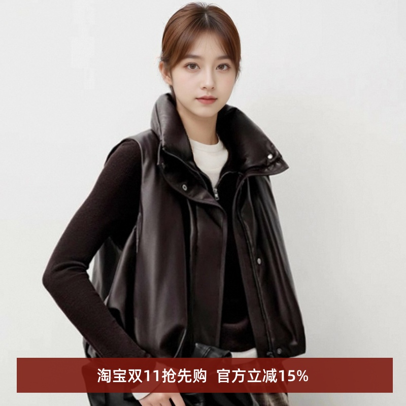 宽松立领无袖皮衣羽绒服马甲女