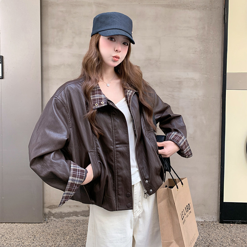 咖色复古格子拼接皮衣外套女2025秋季新款韩系高级感休闲立领夹克,女装皮衣,浙宝B馆111（原065）