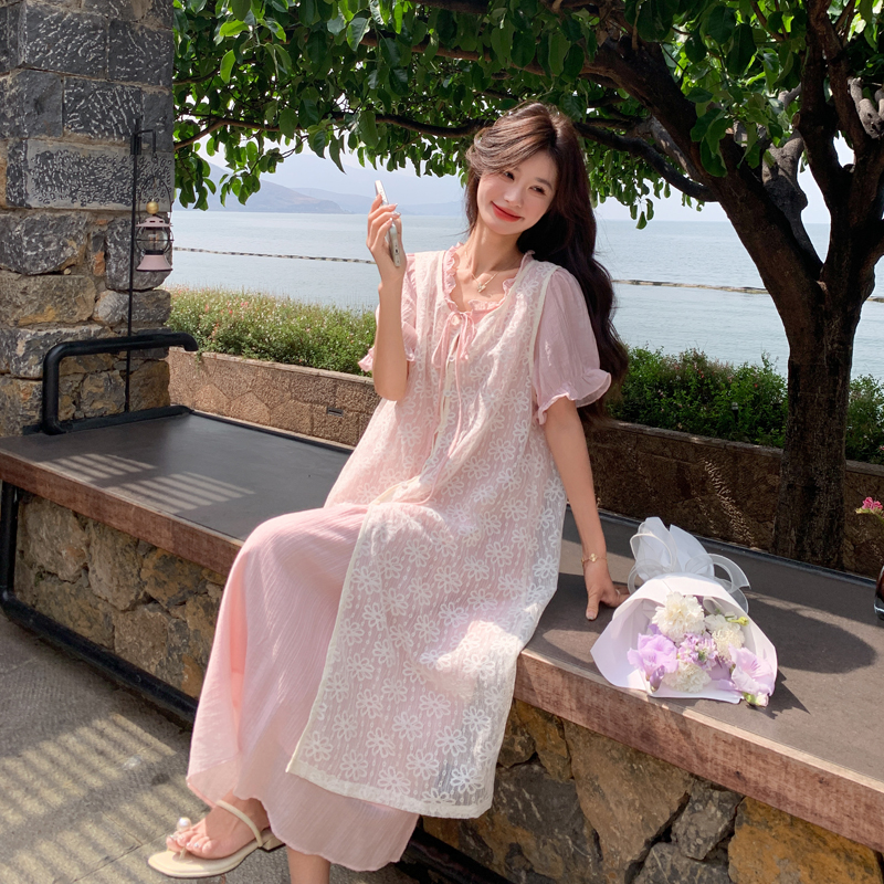 温柔系穿搭粉色连衣裙套装女夏季新款甜美蕾丝罩衫叠穿长裙两件套，商品下架区商品下架区，浙宝B馆111（原065）