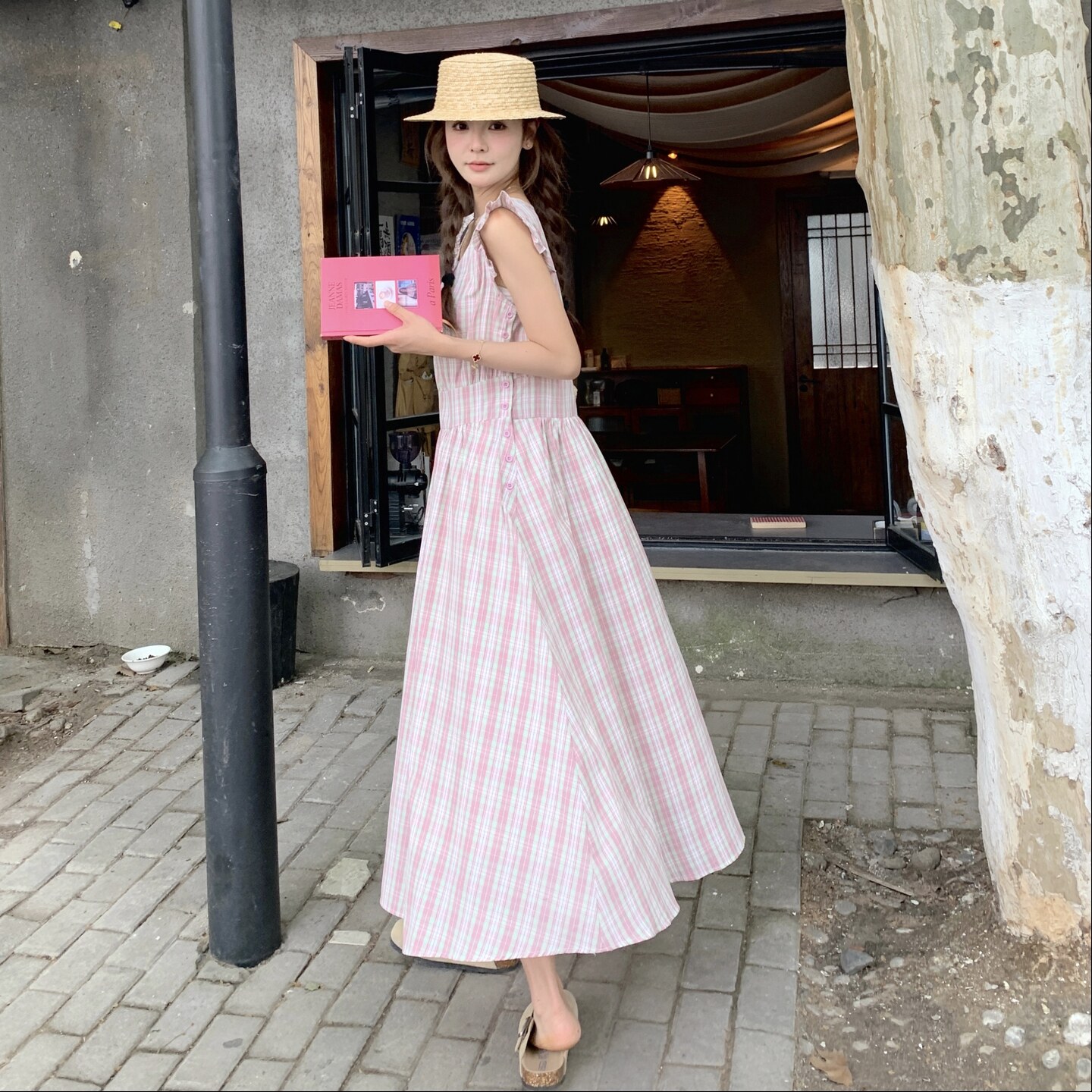 粉色格子无袖连衣裙女2025夏季新款韩系甜美少女感度假风背心长裙,女装连衣裙,浙宝B馆111（原065）