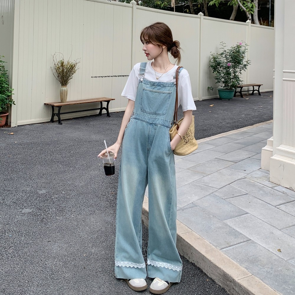 韩版蓝色牛仔背带裤套装女2025年夏季新款休闲显瘦时尚两件套，女装牛仔裤，浙宝B馆111（原065）