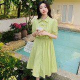 绿色新中式国风假两件连衣裙女夏季2024新款小个子甜美减龄衬衫裙，女装连衣裙，浙宝B馆111（原065）