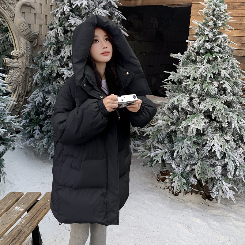 甜美学院风连帽抽绳羽绒服冬季2025宽松加厚50白鸭绒中长款面包服,女装羽绒服,浙宝B馆111（原065）
