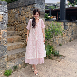 粉色甜美泡泡袖连衣裙叠穿蕾丝罩衫两件套女图片
