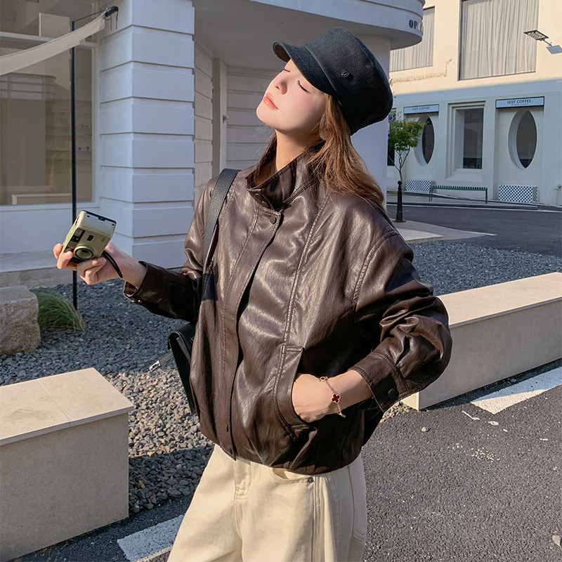 咖色复古格子拼接皮衣外套女2025秋季新款韩系高级感休闲立领夹克,女装皮衣,浙宝B馆111（原065）