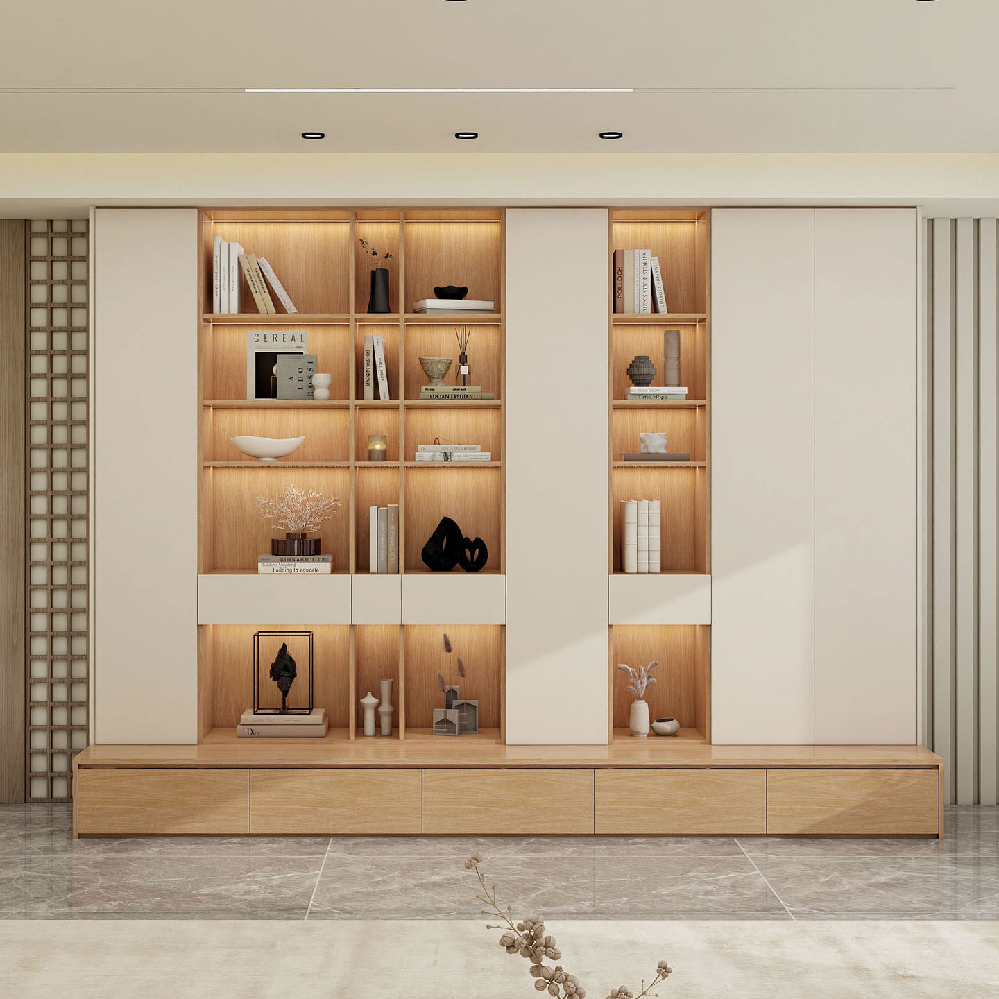 法式实木书架落地置物架一体