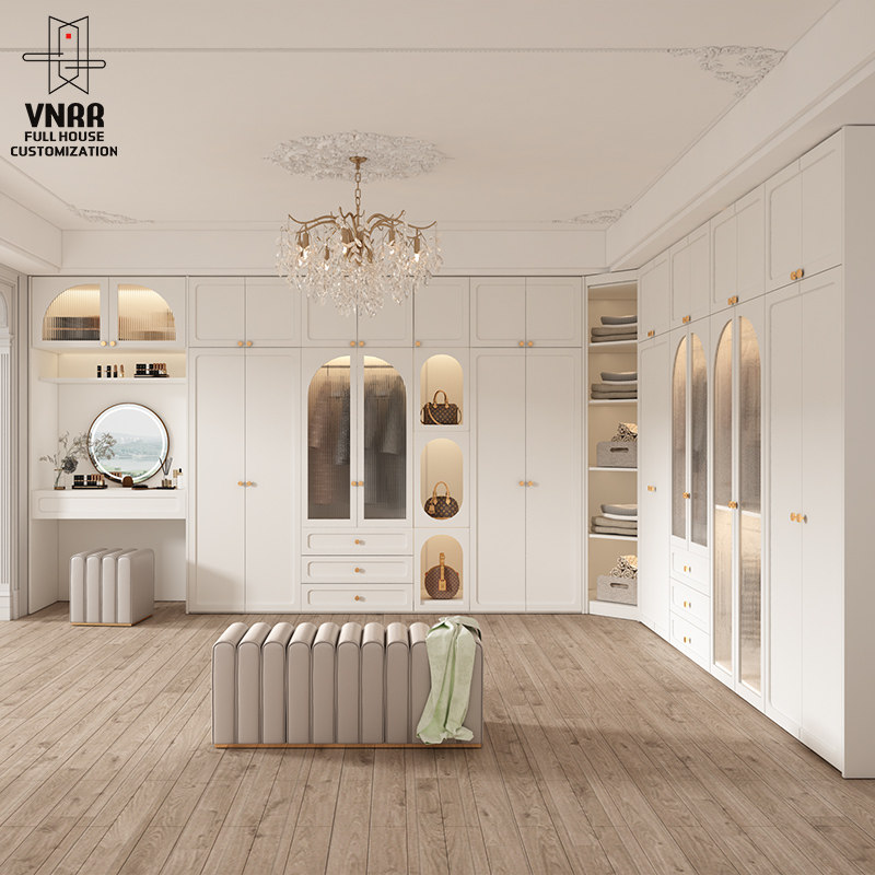 轻奢法式衣柜奶油风平开门玻璃衣帽间带梳妆台一体大衣橱全屋定制