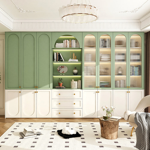 法式奶油风实木书柜靠墙带玻璃门