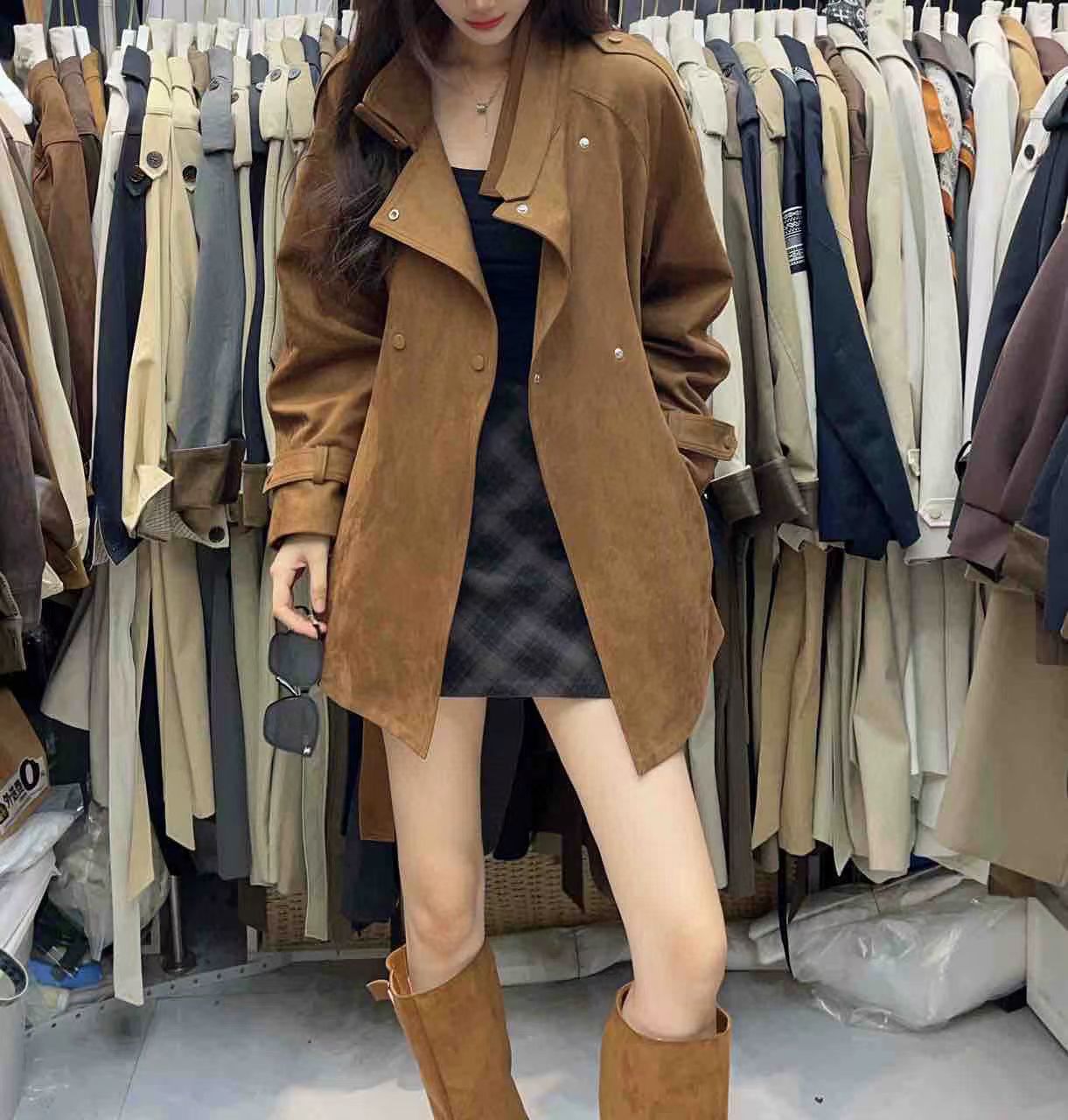 鹿皮绒休闲风衣外套女秋季2025年新款设计感立领气质中长款大衣