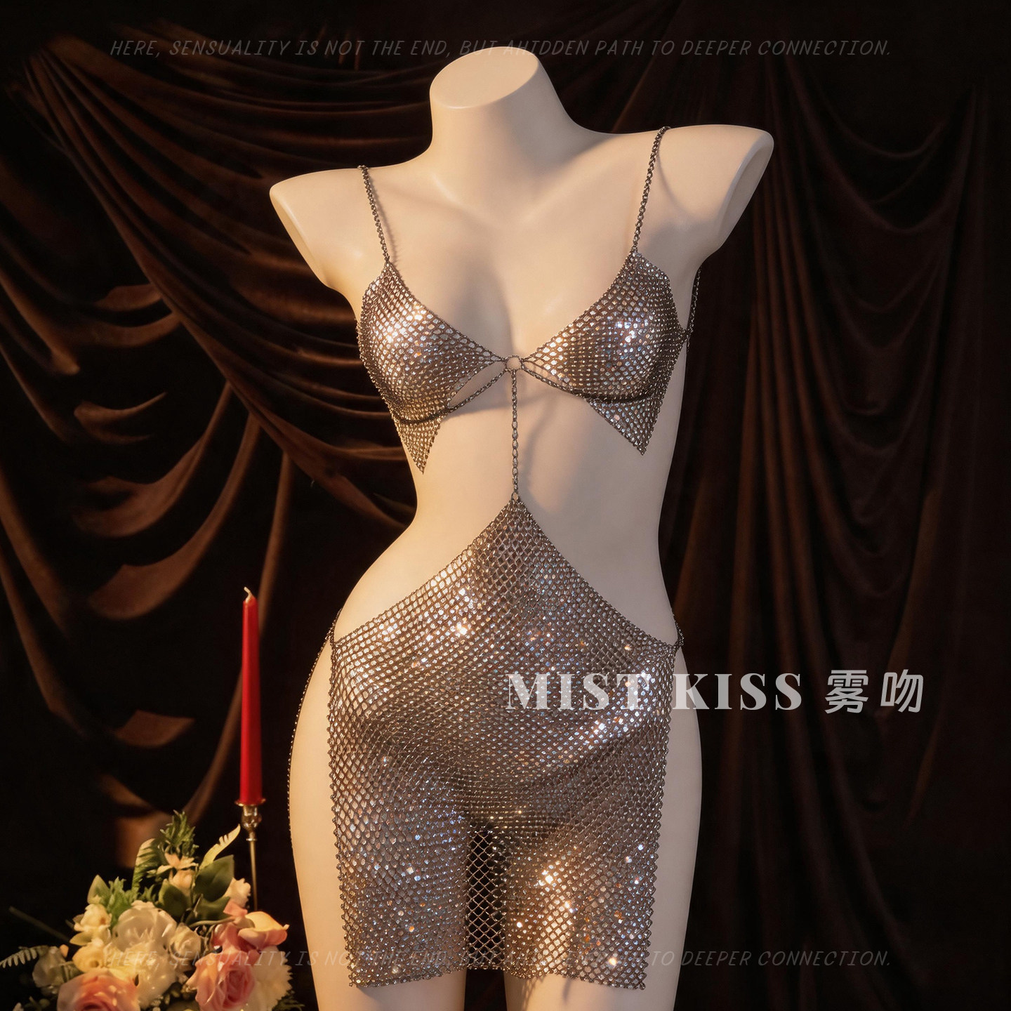 KISS星河*闪钻三点式情调内衣趣味透视金属身体链夜店火辣连衣裙
