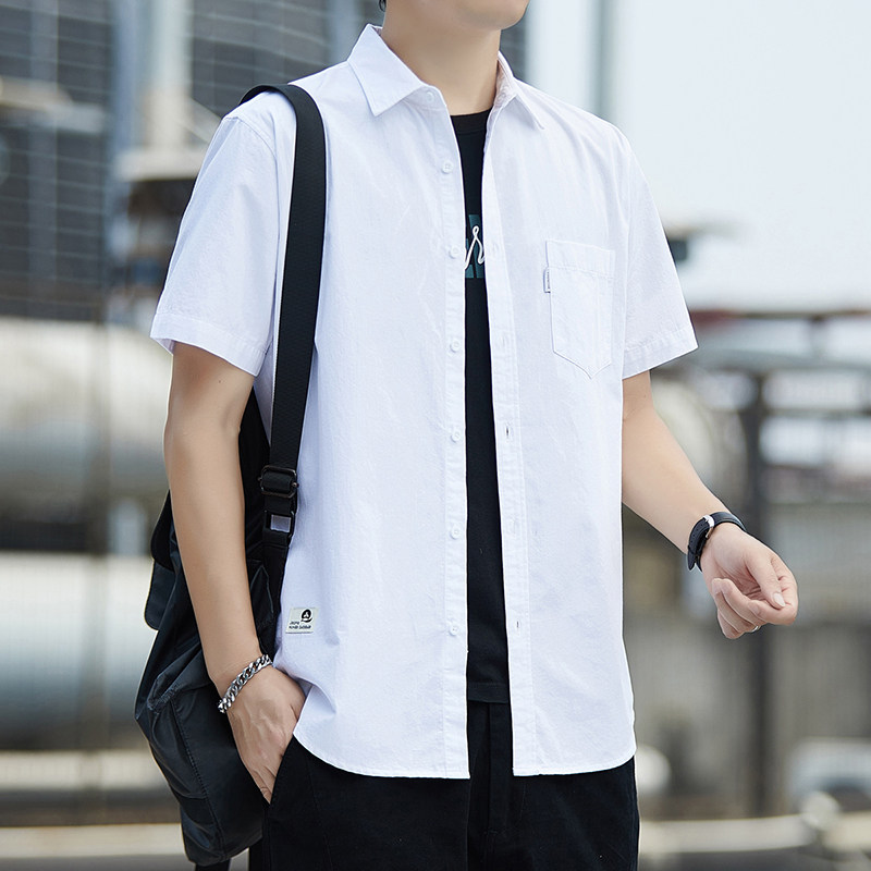 夏季男士纯棉工装短袖衬衫薄款纯色商务休闲百搭全棉衬衣