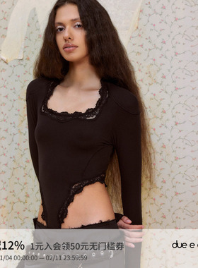 DUE E CHEN 宫廷风花边垫肩方领连体塑身衣女设计感修身显瘦上衣