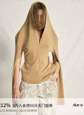 DUE E CHEN 连帽破袖春夏卫衣女凉感显瘦廓形设计感V领防晒帽衫