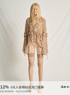 【戚砚笛同款】DUE E CHEN原创豹纹抽皱花边衬衫女设计感防晒上衣