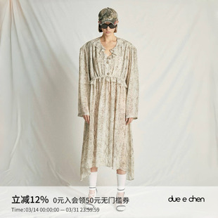 蛇纹印花抽皱阔肩长袖 CHEN 连衣裙女宽松原创设计感长裙 DUE