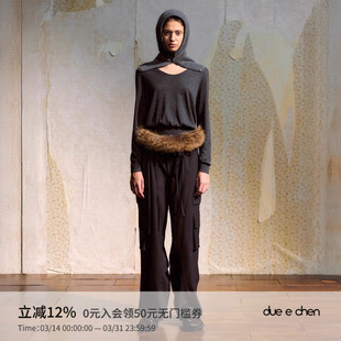 女小众设计宽松休闲裤 CHEN 抽皱腰条纹羊毛西裤 多口袋工装 DUE