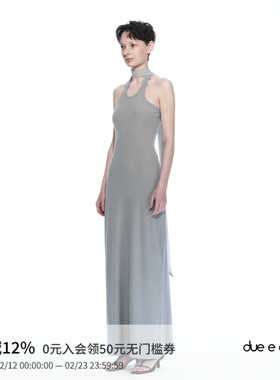 DUE E CHEN 显白提亮 特调灰蓝色 长飘带挂脖罗纹针织无袖长裙女