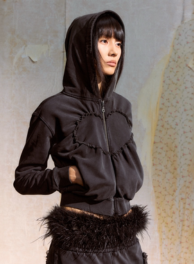 DUE E CHEN 25AW水洗做旧爱心抽皱连帽拉链纯棉卫衣女秋冬短上衣