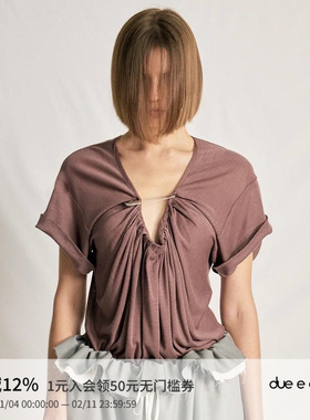 【周洁琼同款】DUE E CHEN 原创羊毛U型领打褶T恤女休闲短袖上衣