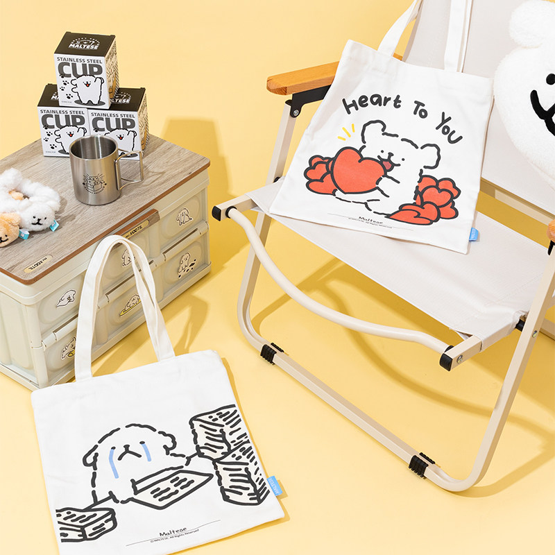 线条小狗Maltese原创帆布包爱心满满卡通印花学生大容量单肩包