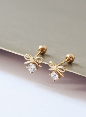 ROMANTI925纯银镀18K金耳钉女迷你蝴蝶结坠圆球堵螺丝耳鼓钉