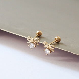 ROMANTI925纯银镀18K金耳钉女迷你蝴蝶结坠圆球堵螺丝耳鼓钉