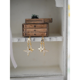 ROMANTIC星光耀耀S925银镀18K金锆石星星重工复古纯银耳钉耳环女