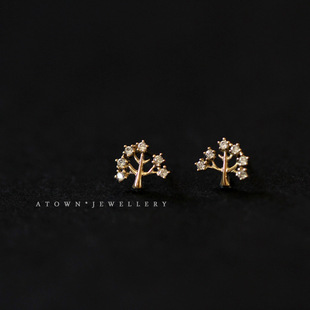 ROMANTIC生命之树通体925纯银镀14K金耳钉女精致小巧可爱耳饰品