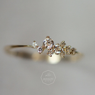 ROMANTIC纯银镀14k黄金女戒指不规则闪钻繁星极细戒指极简风指环