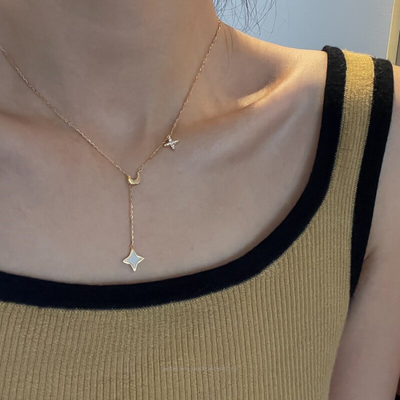 星星月亮白贝吊坠流苏项链女精致