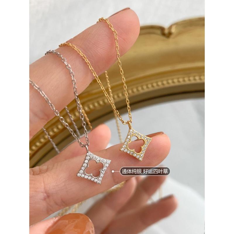 925纯银镀金镂空四叶草项链气质