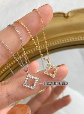 925纯银镀金镂空四叶草项链气质