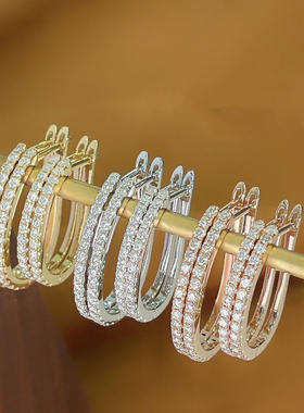 ROMANTICS925银镀金镶嵌锆石U形马蹄扣排钻耳扣耳环通勤百搭耳圈