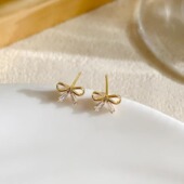 ROMANTIC925纯银镀金小蝴蝶结耳钉女纯银耳环细致可爱百搭耳饰品