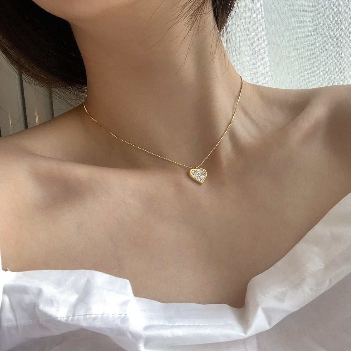 S925纯银镀14K金爱心项链女精致