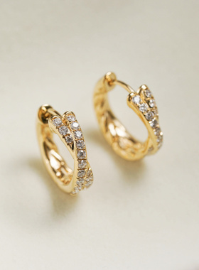 ROMANTIC独奏曲~交叉双排钻版S925银镀18K金实心小耳扣精致通勤款