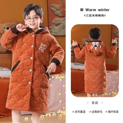 秋冬季儿童睡袍长款珊瑚绒夹棉男女孩三层加厚棉袄保暖法兰绒睡衣