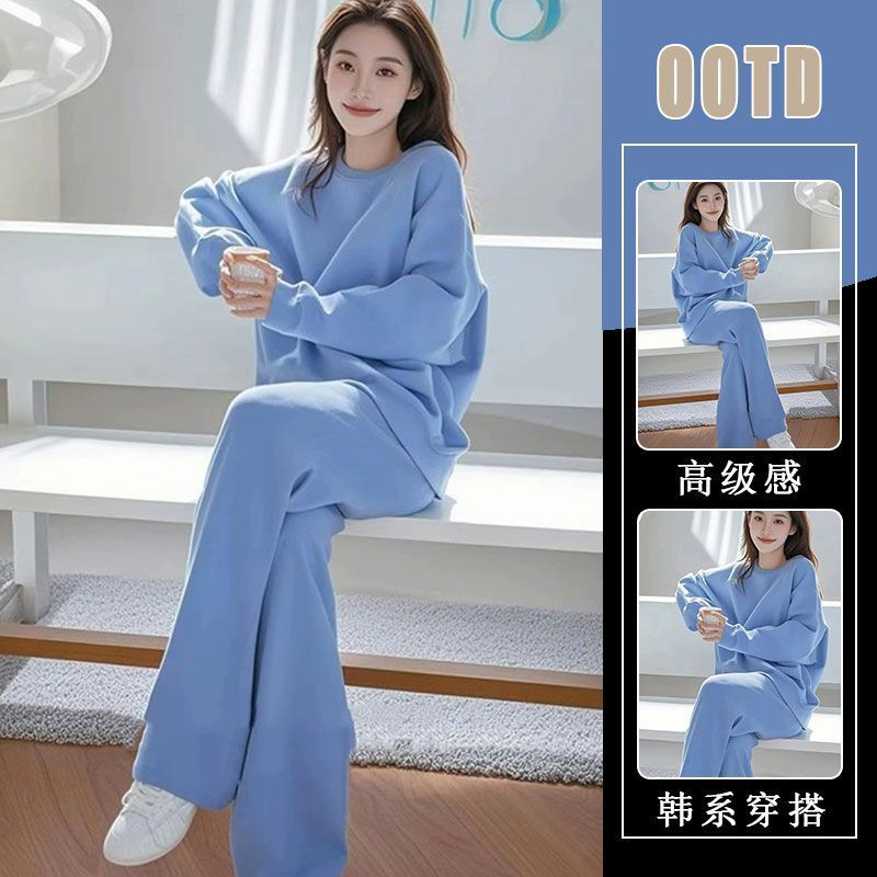 胖mm欧洲站休闲时尚套装女春秋2026新款纯色长袖卫衣运动服两件套