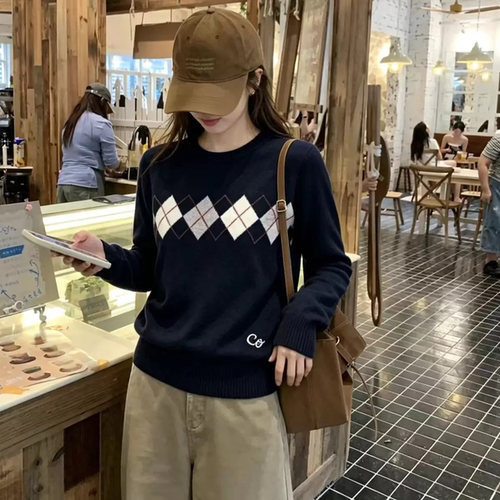 胖MM韩系复古菱格显瘦针织衫