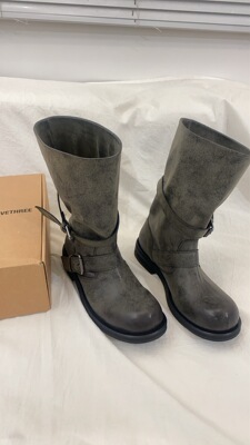 negativethree灰色堆堆靴粗跟复古做旧中筒靴韩版靴子小众工装靴