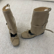 韩国小众设计芭蕾靴复古镂空短筒凉靴open粗跟软底芭蕾舞靴子女yy