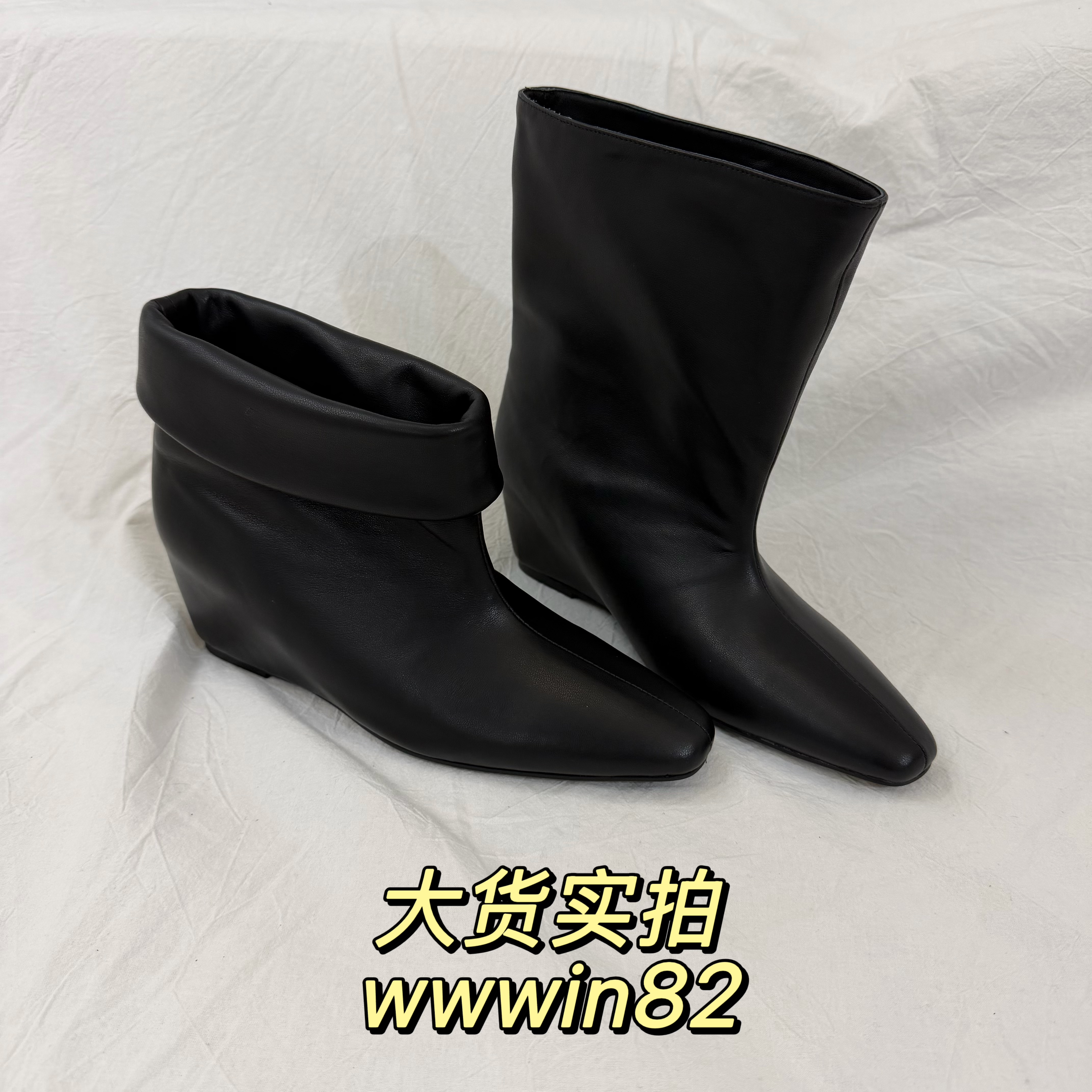 卷边多穿2026秋韩版牛皮内增高坡跟尖头短靴cuffboots东大门靴子