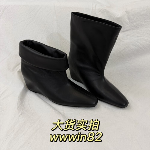 卷边2026秋冬韩版牛皮内增高坡跟尖头短靴cuffboots osoi同款靴子